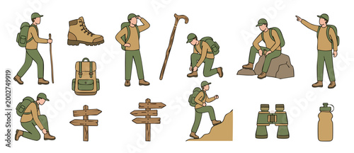 Hiker character set with travel gear and hiking equipment for adventure outdoor activities, flat vector illustrations of man trekking, climbing mountain, camping accessories, and wooden signposts icon