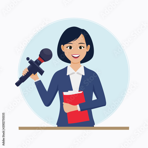 Female News Reporter Holding Microphone and Folder