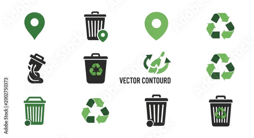 Collection of recycling and trash bin icons with location markers.