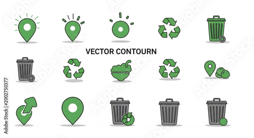 Green recycling and location icons for environmental awareness.