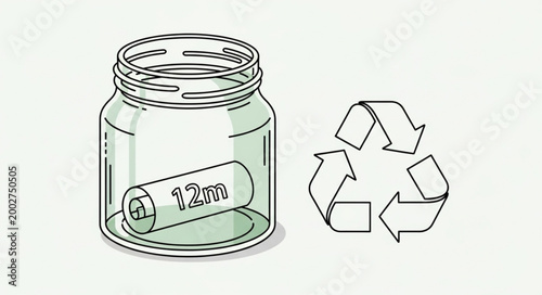 Battery recycling symbol and battery in a jar illustration.