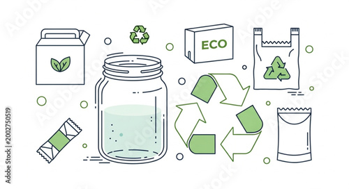 Eco friendly packaging and recycling symbols illustration.