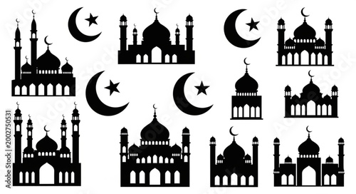 Collection of Islamic Mosques and Crescent Moon Symbols Silhouette.