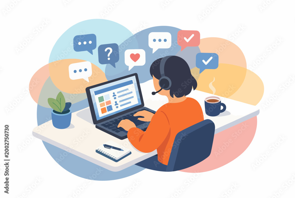 Fototapeta premium Remote Freelancer Working on Laptop with Headphones in Digital Workspace