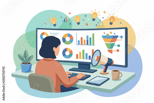 Woman managing digital side hustle and marketing data analysis