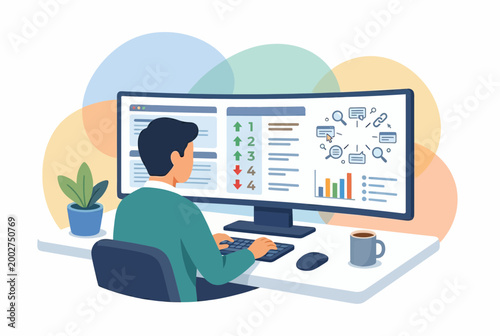 Man working on digital side hustle with ultrawide monitor analytics