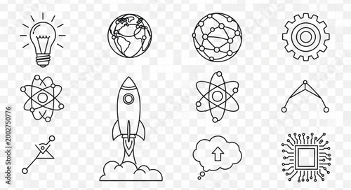 Collection of science and technology icons and symbols.