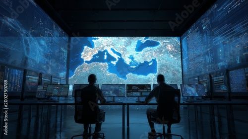Surveillance operation and data analysis control room digital mapping high-tech environment aerial view security concept