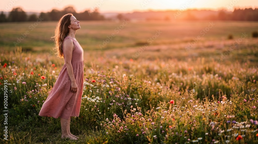 Obraz premium Woman standing in wildflower field at sunset practicing mindfulness and wellness