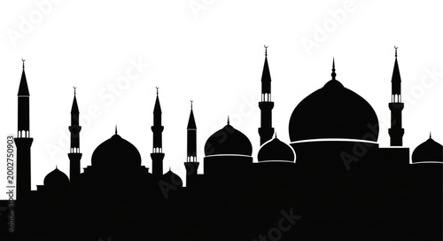 Silhouette of Islamic Mosques and Minarets against White Background.