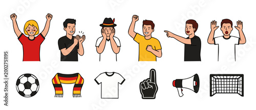 Soccer Fans Set with Football Elements and German Supporters, diverse expressions and sports accessories, celebrating, cheering, disappointed, and pointing, vector illustration isolated on white backg