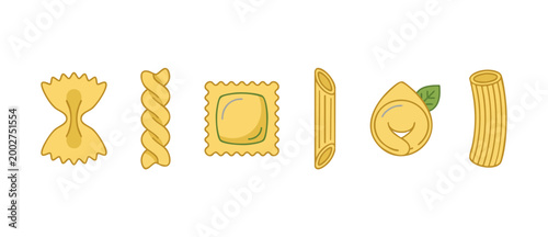 Pasta shapes set vector icons for Italian food menu design, including farfalle, fusilli, ravioli, penne, tortellini, and rigatoni, isolated flat illustration collection for culinary cooking concepts.