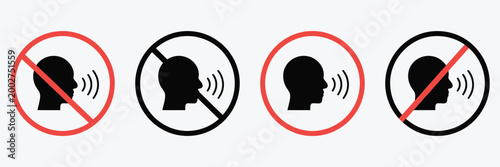 No talking icon, silent zone warning graphics, mouth prohibition symbols, quiet area concept, vector illustration