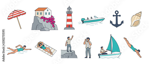Summer Vacation Icons Set: Beach Activities and Coastal Elements for Travel Design, featuring lighthouse, sailboat, swimming people, and seaside architecture in a flat modern minimalist illustration s