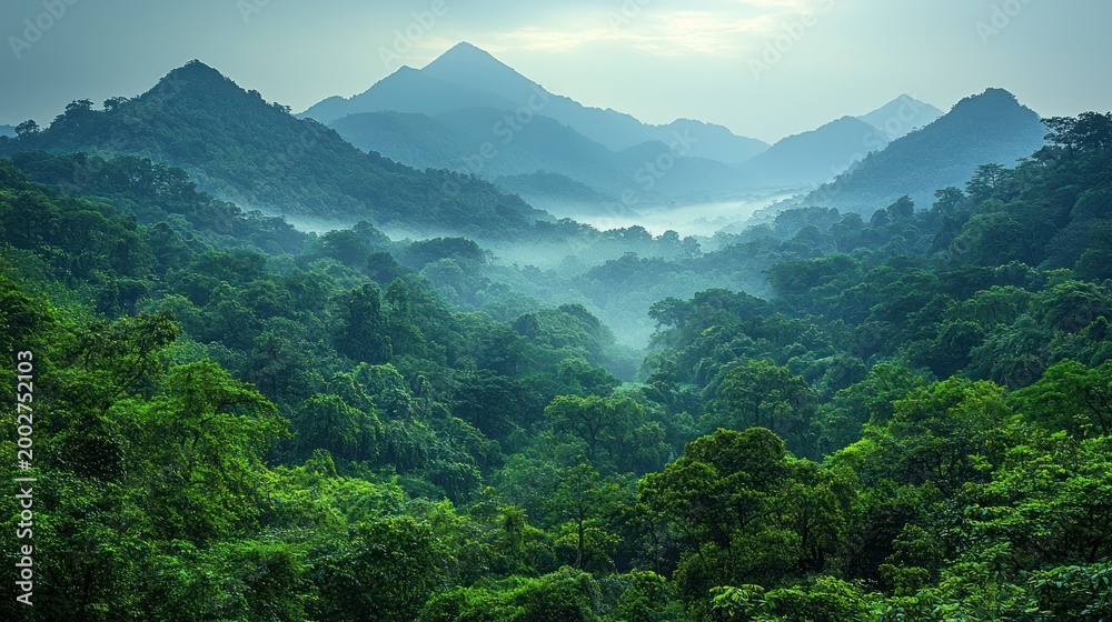 Obraz premium Misty Mountain Majesty: Lush Green Forest Landscape with Atmospheric Haze