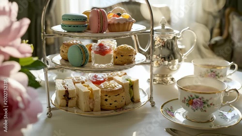 Elegant afternoon tea setup with tiered stand, pastries, teapot, and floral china cups