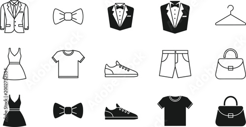 Clothing and Fashion Icon Set with Suits, Dresses, Shoes, Accessories, and Garments for Apparel, Style, and Fashion Design