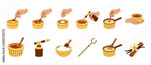 Tableau sur toile Creme Brulee cooking process steps flat icon set, caramelizing sugar with kitche