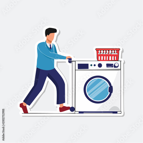 Man pushing a washing machine with laundry basket