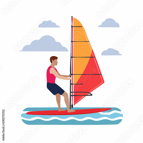 Windsurfer on a Red Board with Colorful Sail