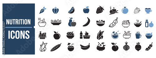 A set of icons representing healthy food and balanced daily nutrition.