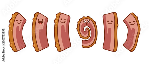 Cute Bacon Strips Cartoon Character Set with Different Emotions and Funny Expressions Isolated on White Background for Breakfast Menu Design, Food Mascot Collection, and Fun Vector Illustration.