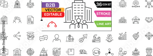 Comprehensive 36 B2B Business Vector Line Icon Set: Editable Stroke Outline Illustrations for Corporate Finance, Global Logistics, Management, Financial Growth, Office Networking Symbols.