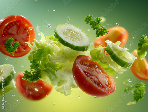 Fresh vegetables floating in the air during a food preparation scene in a kitchen setting during daylight hours