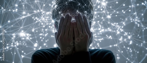 Amidst a dazzling computer network, an overwhelmed guy covered his face with his hands. Conceptual representation of cyber stress and information overload