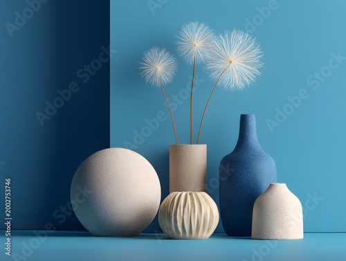 Arrangement of vases and decorative elements on blue background with flowers in sunlight