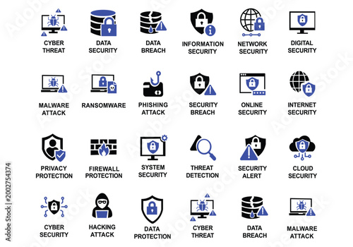 Cyber threat and data breach icon set featuring malware attack, ransomware, phishing, hacking, security breach, information safety, and digital privacy protection symbols.