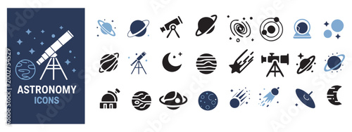 A wide collection of celestial icons related to space and astronomy.
