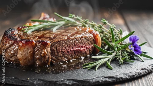 Juicy steak garnished with herbs and a flower on a slate plate, wooden table as background
