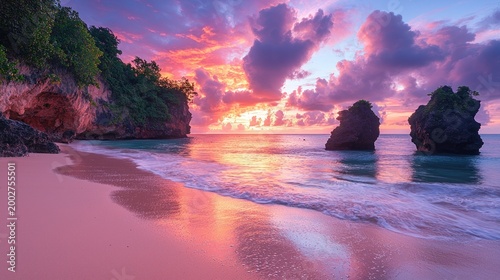 Pink Sand Beach at Sunrise: Dramatic Clouds and Rock Formations in Tropical Paradise
