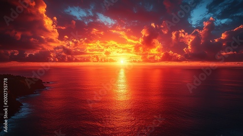 Fiery Sunset Over Ocean: Dramatic Clouds and Golden Reflection