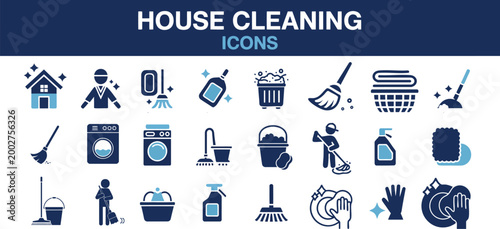 A diverse set of icons depicting tools for home house cleaning