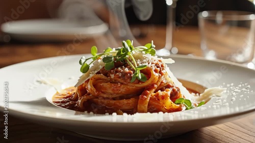 Steaming pasta dish garnished with greens and cheese served on a rustic table in a cozy setting
