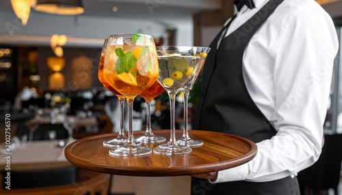 Professional waiter serving a tray of vibrant alcoholic cocktails and beverages in an elegant restaurant or bar setting.
