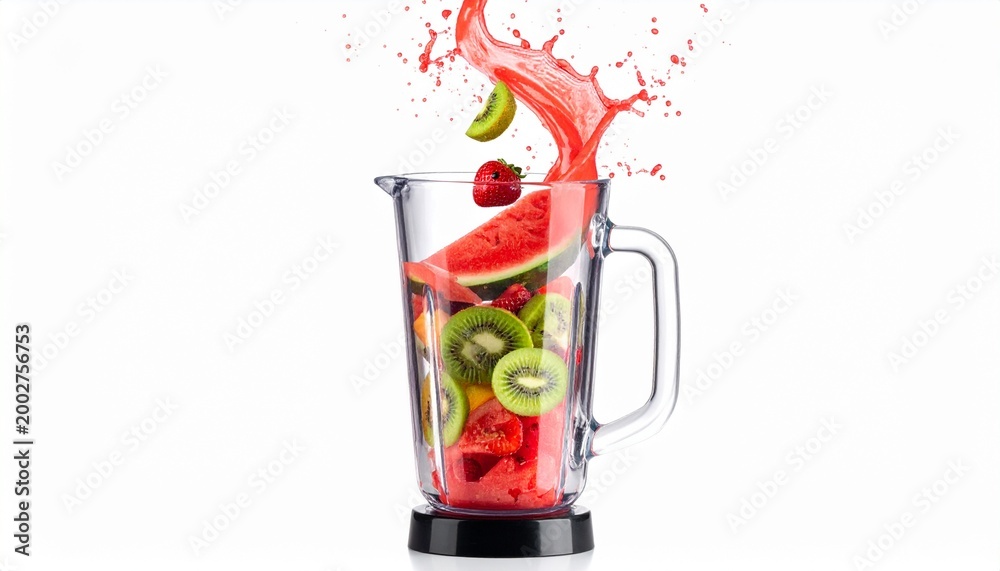 Obraz premium Refreshing fruit smoothie in blender with dynamic splash of watermelon, kiwi, strawberry. Healthy drink prep.