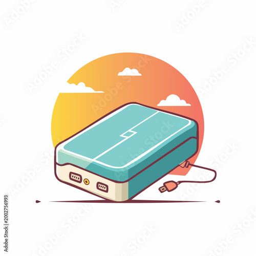 Portable Power Bank with Charging Cable and Sunset Background