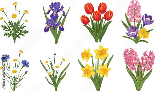Quadro su tela Flower Bouquet Icon Set Featuring Colorful Tulips, Daffodils, Irises, and Hyacin