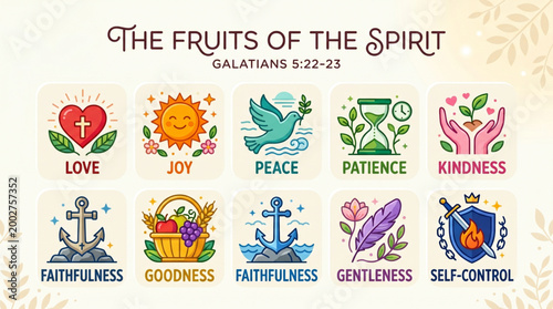 Christian vector illustrations representing fruits of the spirit, love, joy, peace, patience, kindness, goodness, faithfulness, gentleness, self-control, colorful minimalist icons
