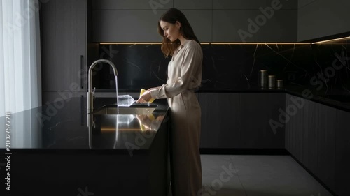 Elegance in simplicity as a woman washes crystal glasses in a luxury kitchen oasis