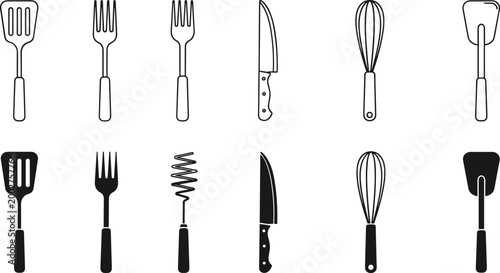 Kitchen Utensils Icon Set with Forks, Knives, Spatulas, Whisks, and Cooking Tools for Culinary, Cooking, and Food Design