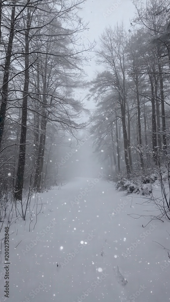 Obraz premium Snow falling along quiet forest winter path