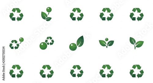 Green recycling symbols with leaves and spheres representing nature.