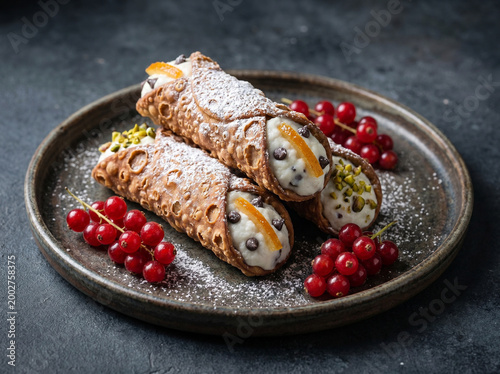 Crispy Sicilian cannoli filled with sweet ricotta cream, chocolate chips, and pistachios, garnished with red currants on a rustic plate. A classic Italian dessert.