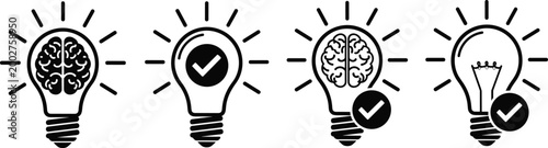 Lightbulb Icons with Brain, Checkmark, and Crown Symbols for Creative Ideas, Innovation, and Conceptual Designs in Digital and Graphic Media