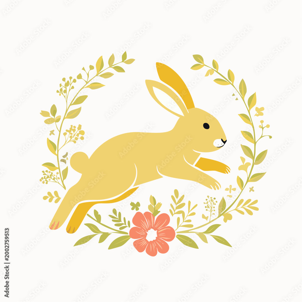 Obraz premium Yellow Rabbit Jumping in Floral Wreath