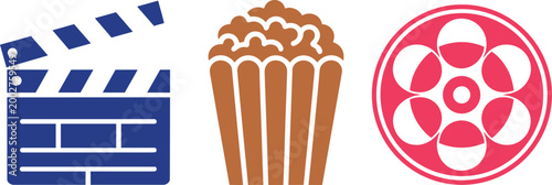 Cinema icons set with movie clapperboard popcorn and film reel flat vector symbols for media